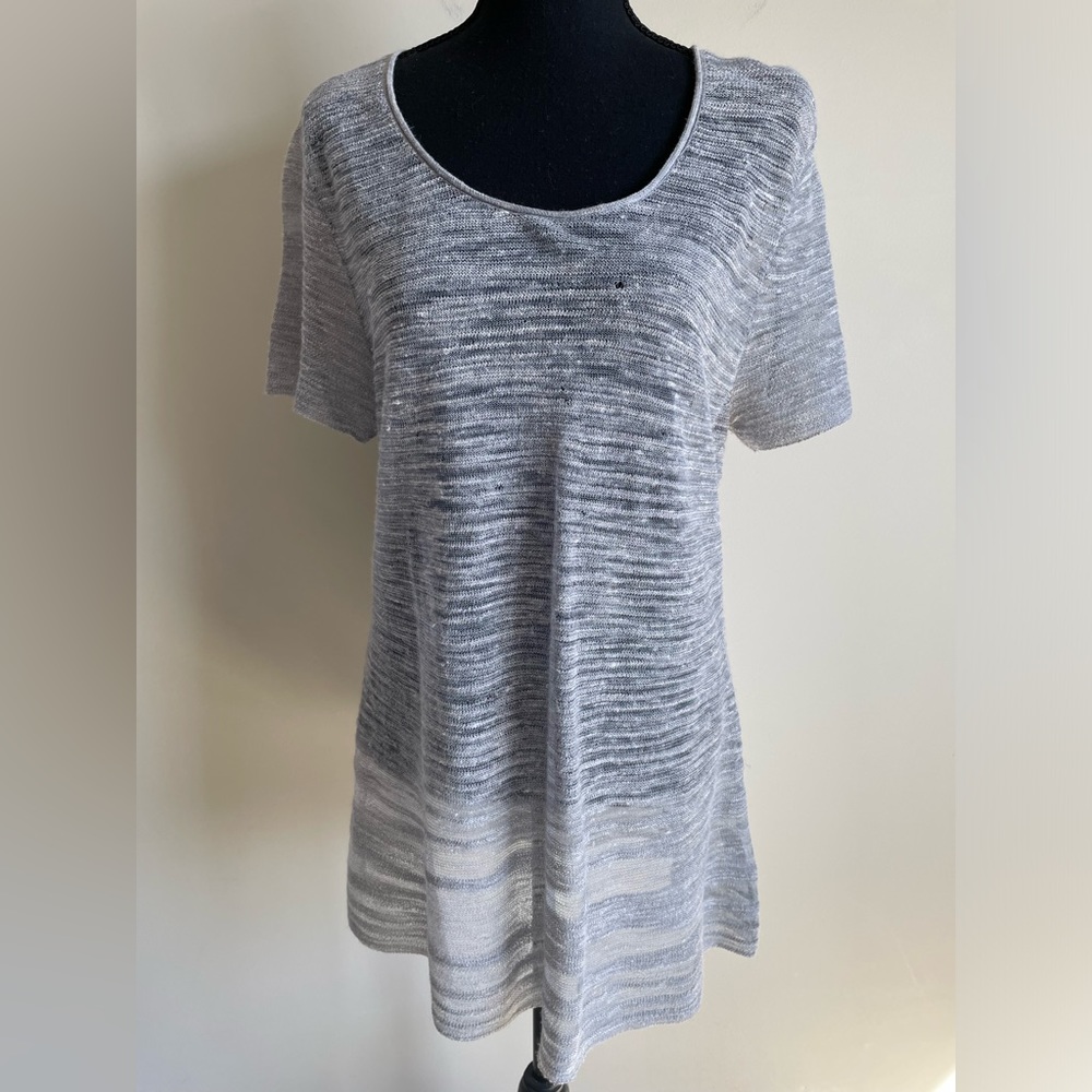 Eileen Fisher Women's XL Linen Blend Open Knit T-Shirt Sheer Gray Short Sleeve